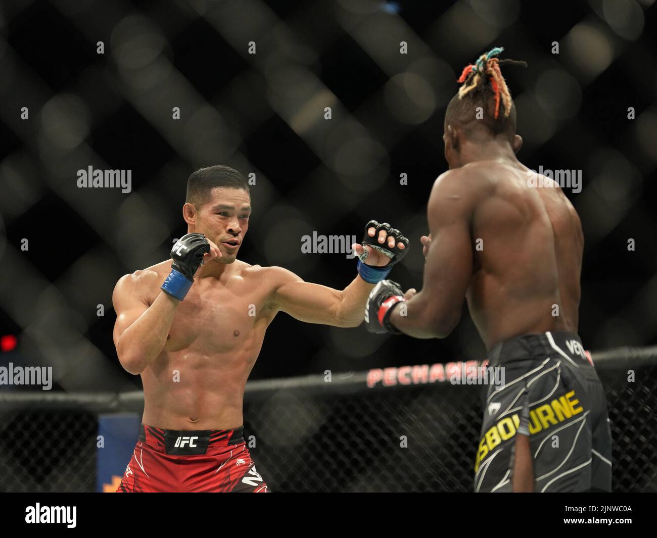 SAN DIEGO, CA - 13. AUGUST: (R-L) Ode Osbourne kämpft während der UFC Fight Night gegen Tyson Nam in der Pechanga Arena am 13. August 2022 in San Diego, Kalifornien, USA. (Foto von Louis Grasse/PxImages) Credit: Px Images/Alamy Live News Stockfoto