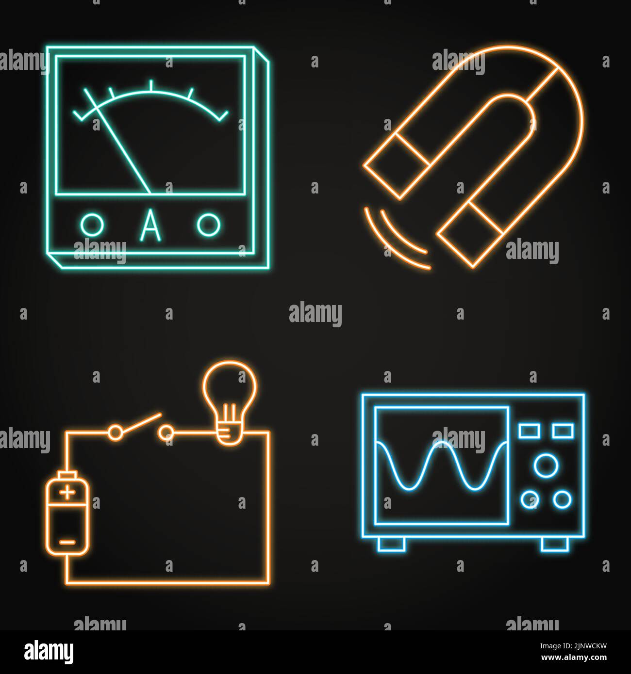 Physik-Neon-Symbol im Linienstil gesetzt. Schaltplan, magnetische Kraft