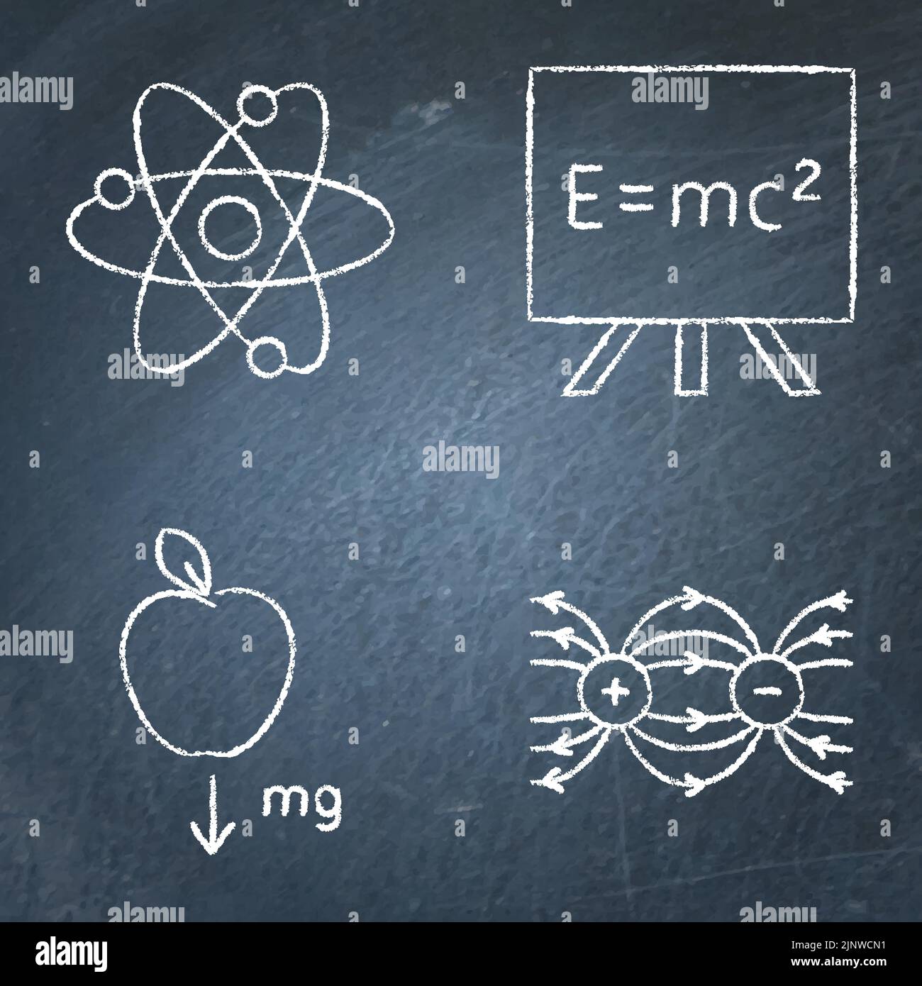 Physiksymbol auf dem Schwarzen Brett. Kernphysik, Energieformel, Gravitationskraft und elektrische Dipolsymbole. Vektorgrafik. Stock Vektor