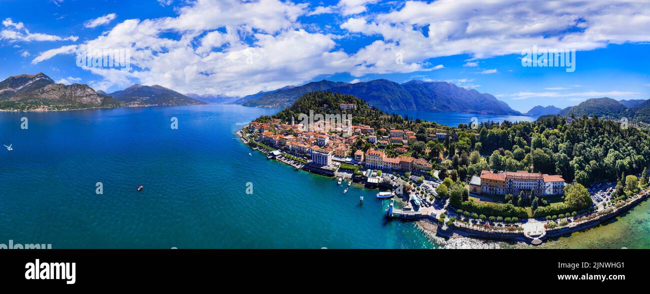 Einer der schönsten Seen Italiens - Lago di Como. Luftpanorama des schönen Bellagio Dorf, beliebtes Touristenziel Stockfoto