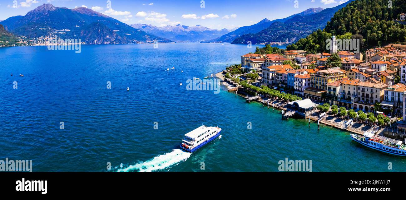 Einer der schönsten Seen Italiens - Lago di Como. Luftpanorama des schönen Dorfes Bellagio, beliebtes Touristenziel Stockfoto