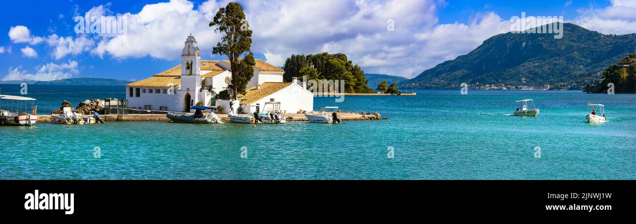 Griechenland, Ionische Inseln. Korfu andmarks - wunderschönes Kloster Vlaherna auf einer kleinen Insel in Korfu Stadt in der Nähe des Flughafens Stockfoto