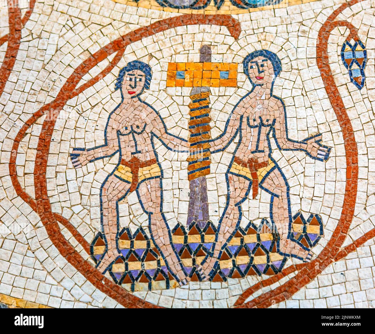 Antike Zwei Menschen Adam Eva Mosaic Mount Nebo Kirche Jordanien. Stockfoto