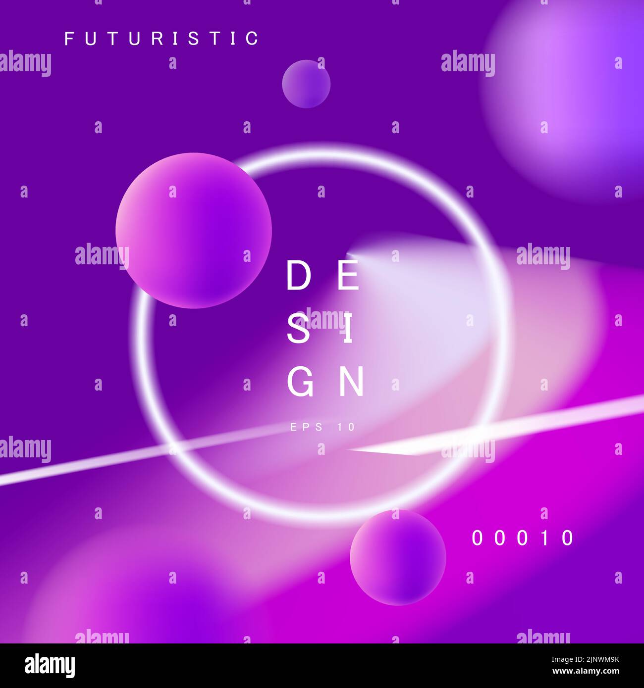 Abstraktes Hintergrundposter mit Neonkreis und 3D Kugeln, rosa und violett Stock Vektor