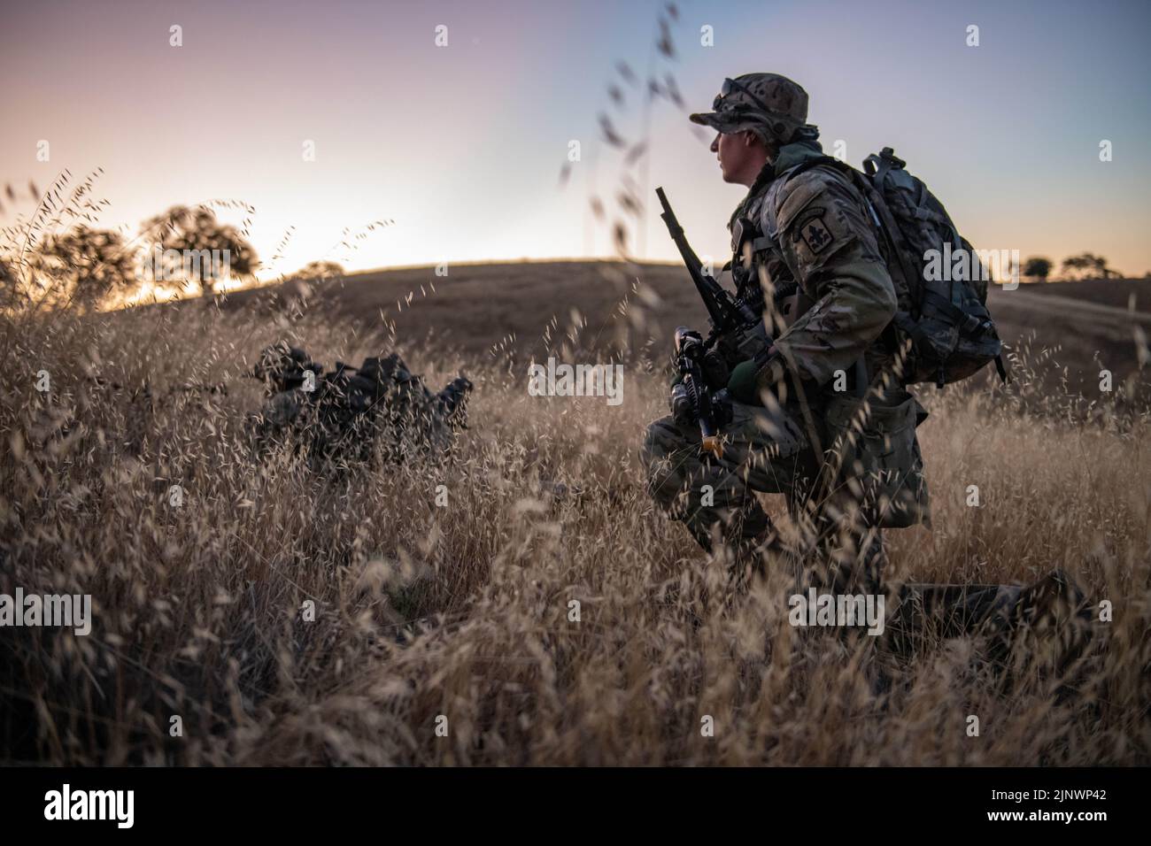 17. Juli 2022 - Camp Roberts, Kalifornien, USA - Mitarbeiter der Wyoming Army National Guard Lincoln Butler, ein Anführer der Infanterierkommandos der Charlie Company, 1. 17 Bataillon, 297. 2022 Infanterie-Regiment, 29. Infanterie-Brigade-Kampfteam, führt während des XCTC-Programms (Exportable Combat Training Capability) in Camp Roberts, Kalifornien, einen Sicherheitsstopp in einer simulierten Trainingsübung auf Zugebene durch. XCTC ist eine Reihe von Trainingsübungen zwischen einer aktiven US-Armee-Brigade und einer Armee-Nationalgarde-Brigade, die die Fähigkeiten und die Bereitschaft der Einheiten der Nationalgarde verbessern sollen Stockfoto