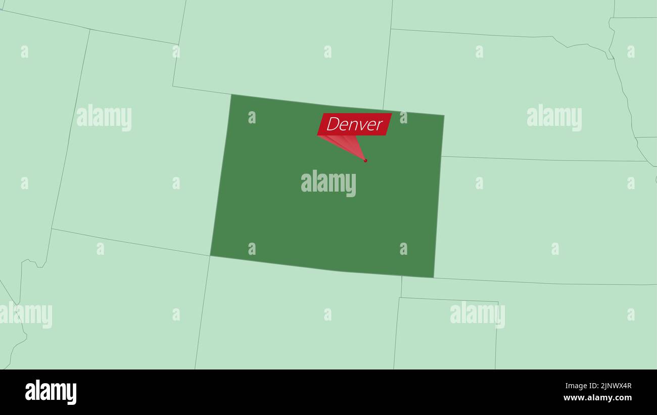 Karte von Colorado mit Anstecknadel der Landeshauptstadt. Colorado Karte mit Nachbarländern in grüner Farbe. Stock Vektor