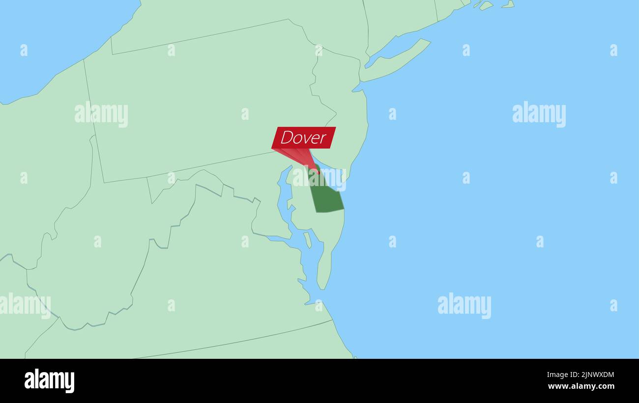 Karte von Delaware mit Anstecknadel der Landeshauptstadt. Delaware Karte mit Nachbarländern in grüner Farbe. Stock Vektor