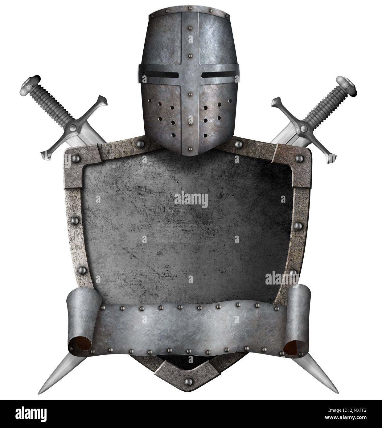 Mittelalterliches Metallschild mit Helm und Schwert isoliert Stockfoto