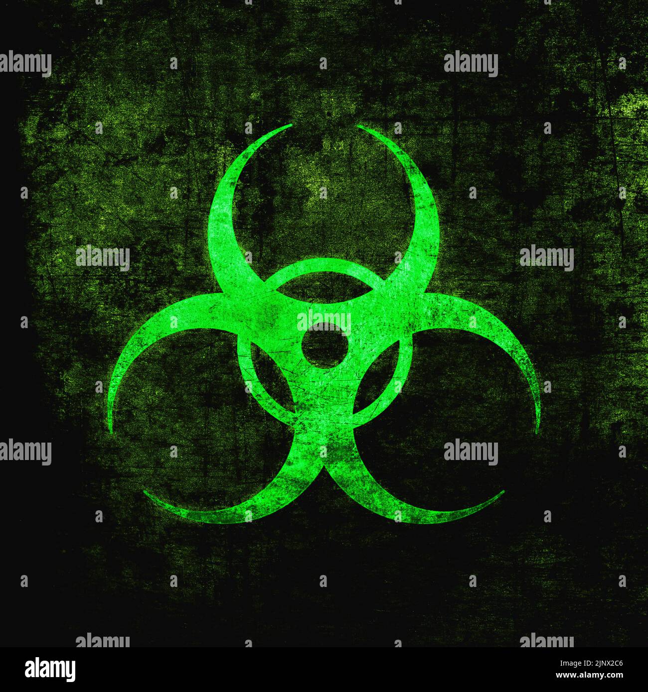 Biohazard-Schild, grün auf schwarz. Emblem der biologischen Bedrohung, grunge strukturiert Stockfoto