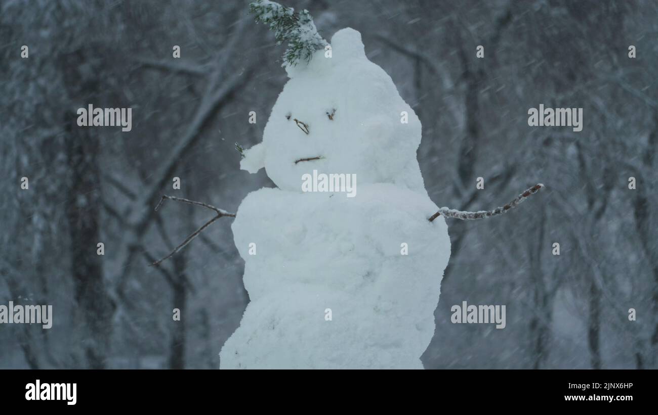 Fröhlicher, lustiger Schneemann, vor dem Hintergrund eines starken Schneefalls. Stockfoto