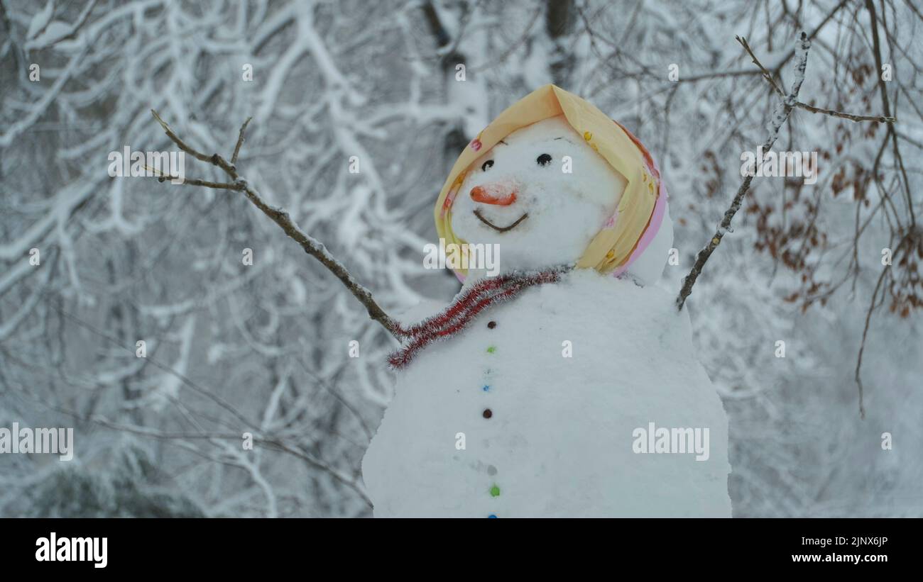 Fröhliche lustige Schneemann-Frau, vor dem Hintergrund eines starken Schneefalls. Stockfoto