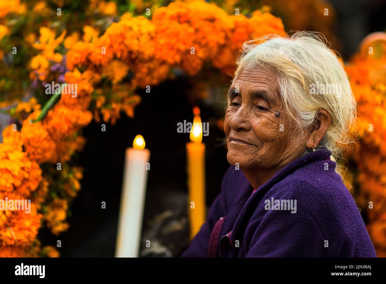 Auf dem mit Blumen geschmückten Grab auf einem Friedhof sitzt während der Feierlichkeiten zum Tag der Toten in Metlatónoc, Guerrero, eine indigene Frau aus Mixtec. Stockfoto