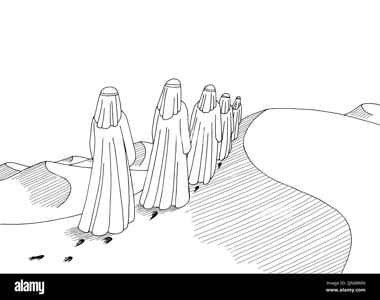 Menschen, die in der Wüste spazieren, zeichnen sich durch eine schwarz-weiße Landschaft, Skizzen und Illustrationen aus Stock Vektor