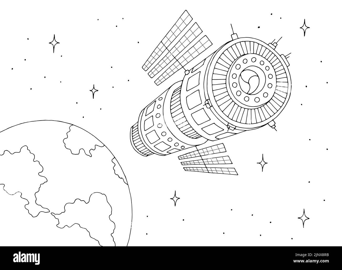 Raumstation Grafik schwarz weiß Skizze Illustration Vektor Stock Vektor