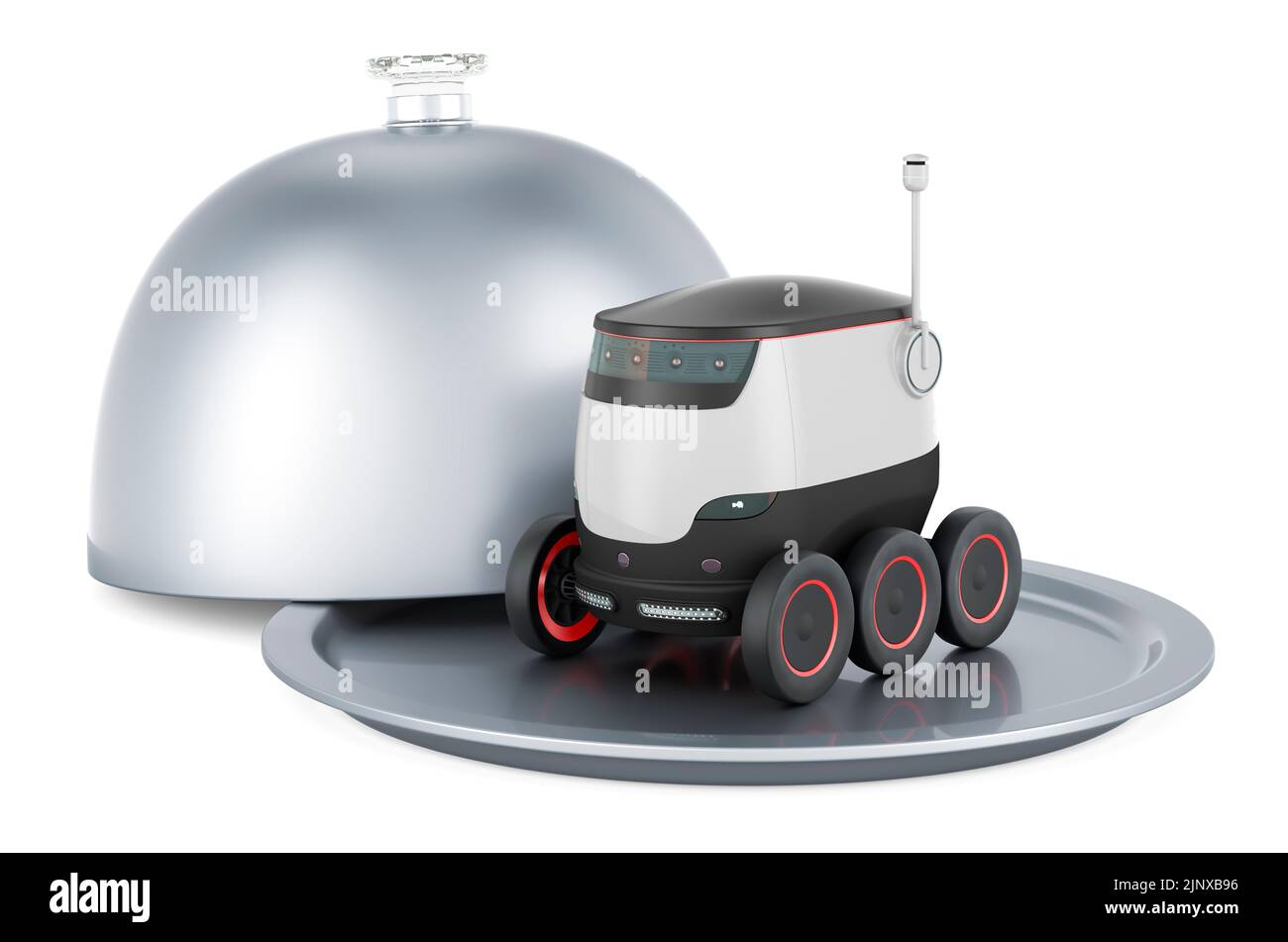 Restaurant Cloche mit autonomen Roboter, 3D Rendering isoliert auf weißem Hintergrund Stockfoto