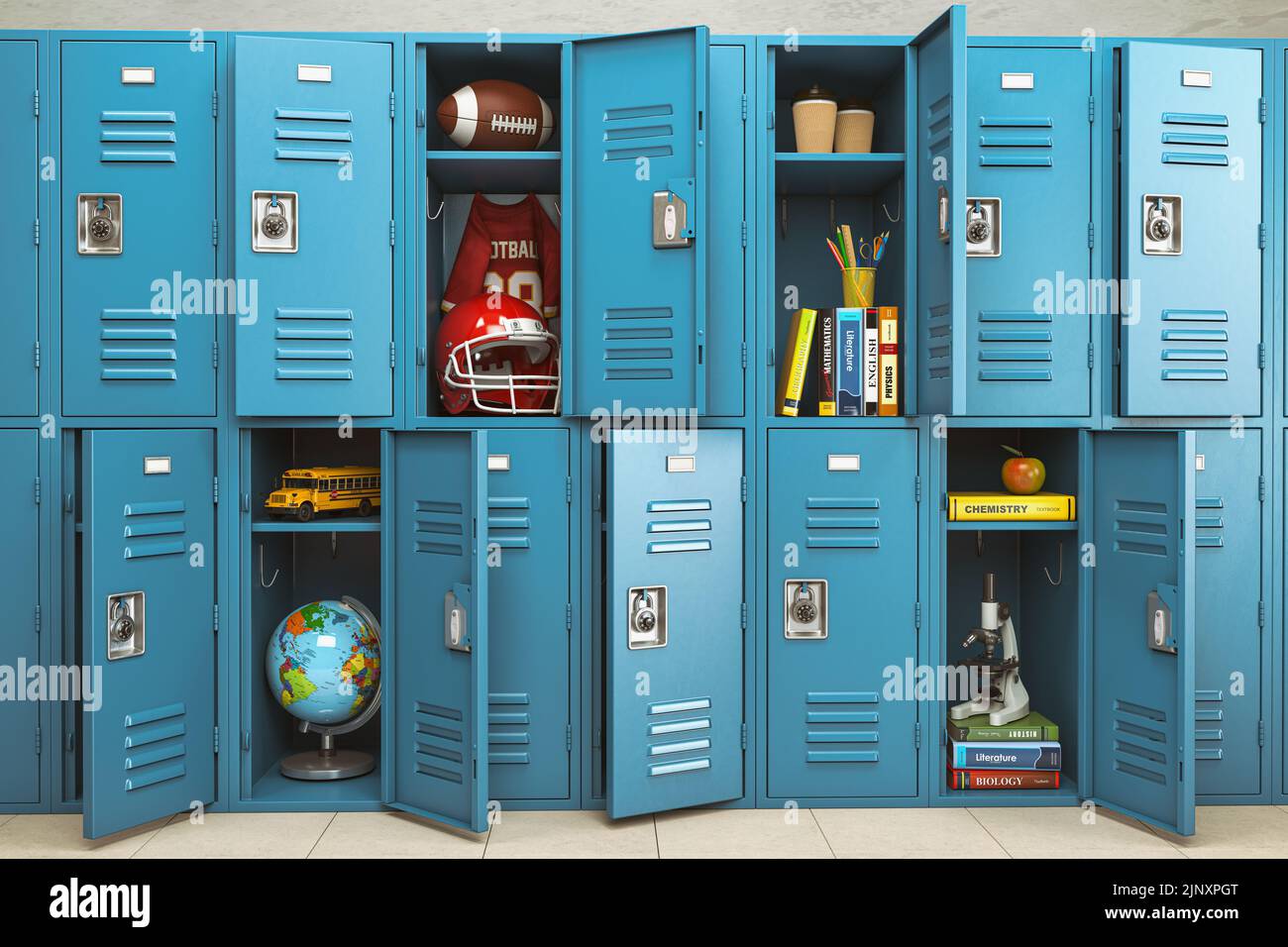 Schulschränke mit Gegenständen, Ausrüstungen und Zubehör für die Bildung. Zurück zur Schule. 3D Abbildung Stockfoto