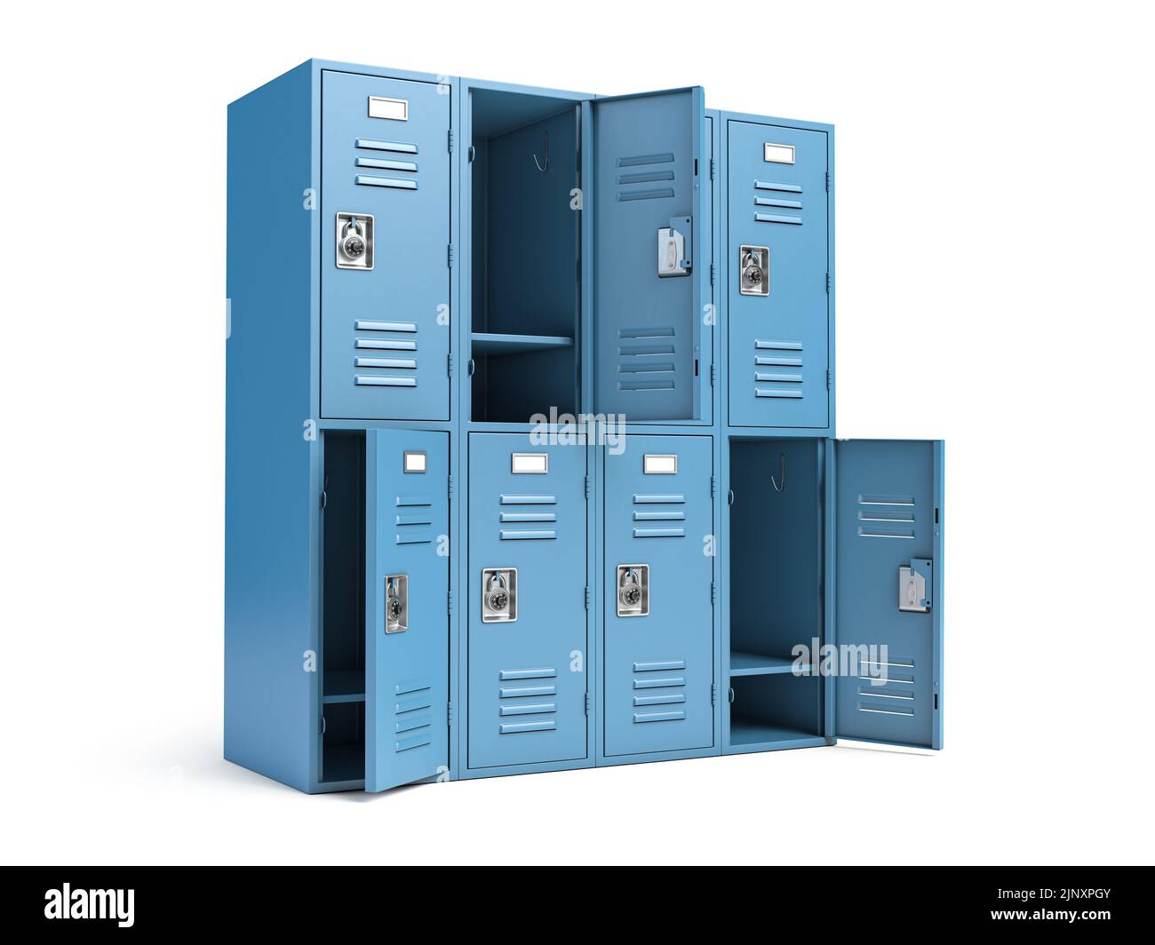 Metallschrank mit offenen Türen isoliert auf weiß. 3D Abbildung Stockfoto