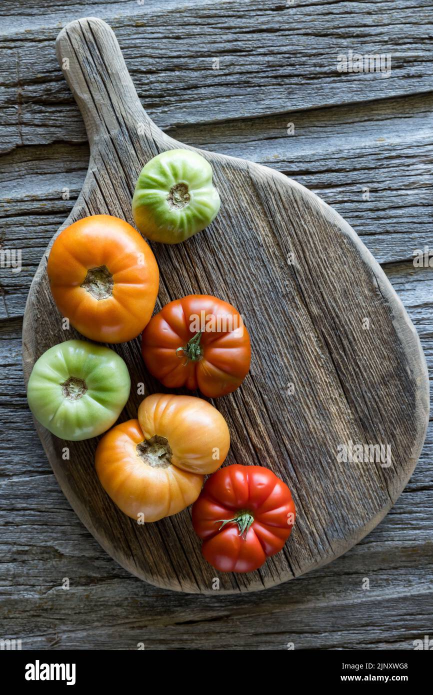 Ansicht von oben auf ein rustikales Brett mit Tomaten aus Erbstück. Stockfoto