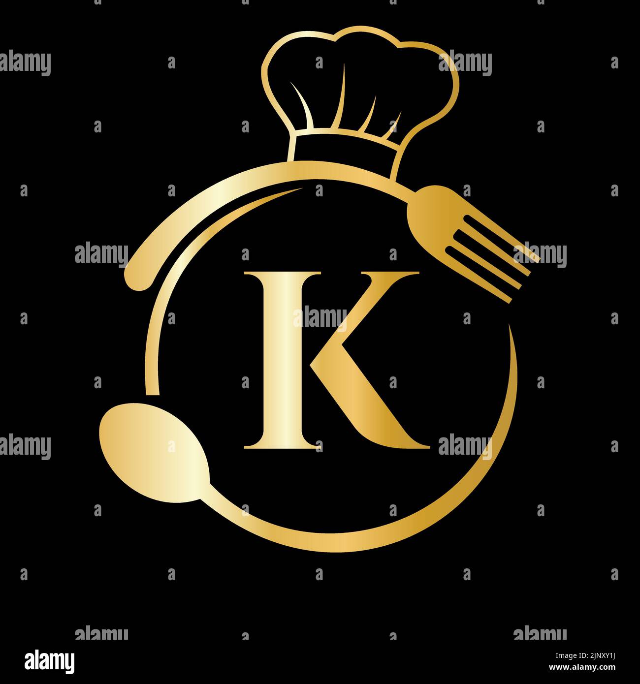 Restaurant-Logo auf Buchstabe K Konzept. Logo „Buchstabe K“ mit Kochmütze, Löffel und Gabel für das Restaurant Stock Vektor