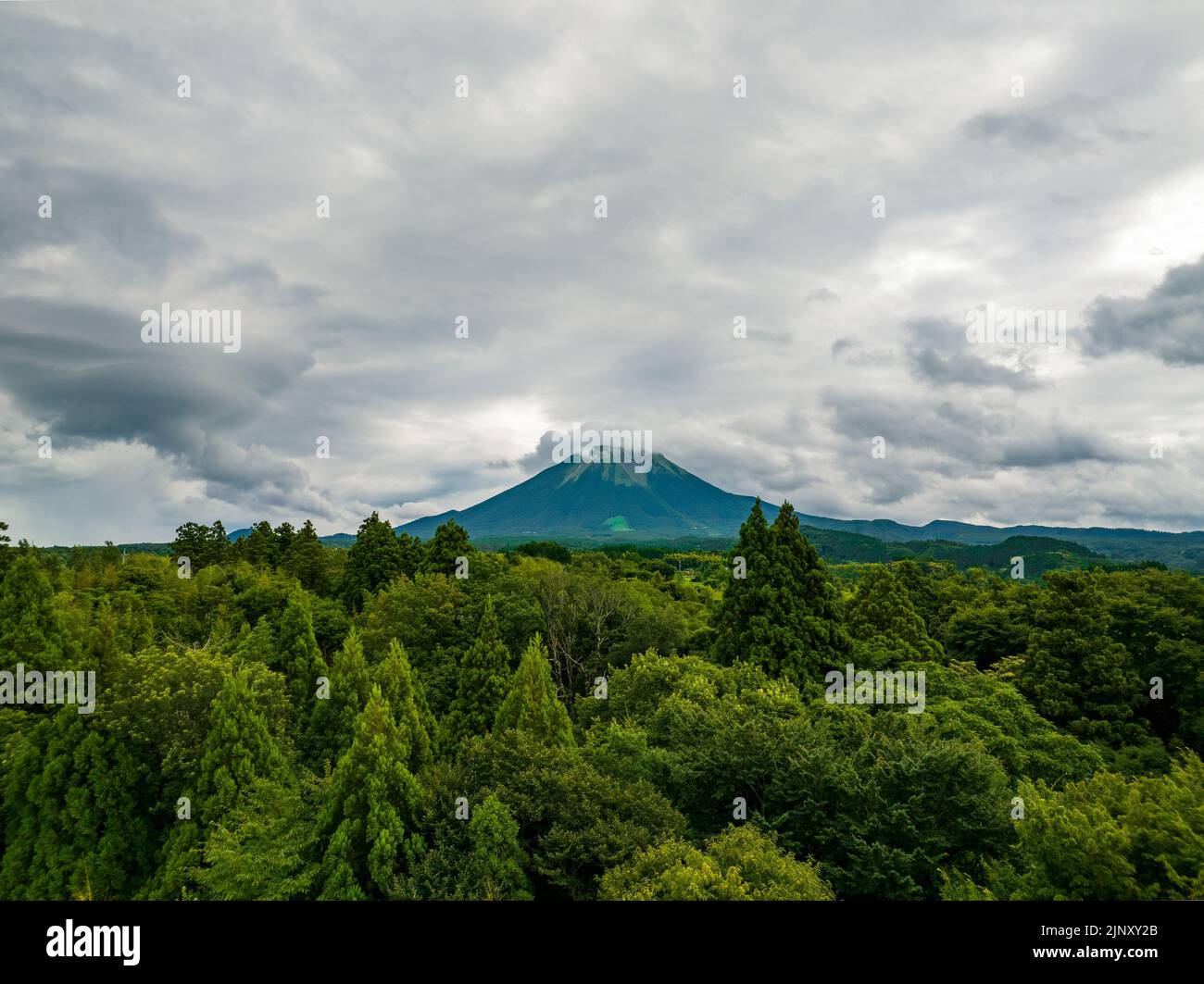 Luftaufnahme des Waldes in den Ausläufern des Mt. Daisen am bewölkten Tag Stockfoto
