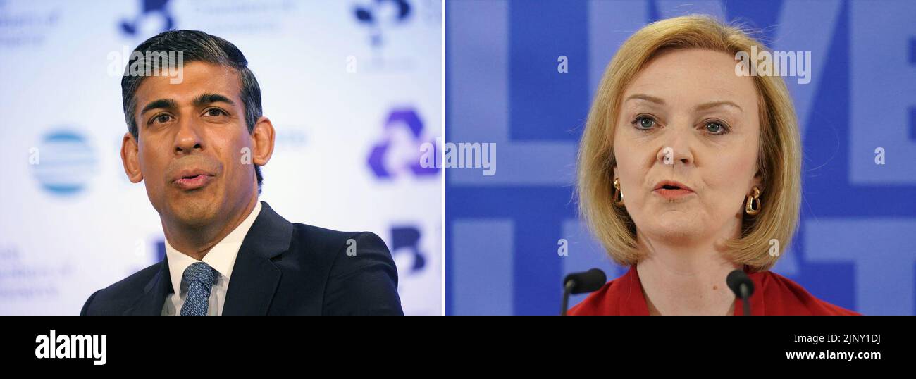 Aktenfoto vom 21/07/22 von undatierten Aktenfotos von Rishi Sunak und Liz Truss, die es bis zu den letzten beiden im Tory-Führungsrennen geschafft haben. Die beiden verbleibenden Kandidaten der Tory-Führung stehen vor einem Aufruf, die Höhe der staatlichen Unterstützung für einkommensschwache Familien mehr als zu verdoppeln, um eine „Katastrophe“ der Lebenshaltungskosten im Winter abzuwenden. Siebzig Wohltätigkeitsorganisationen und Gemeindeorganisationen haben einen offenen Brief an Liz Truss und Rishi Sunak unterzeichnet, in dem Familien gewarnt werden, dass die Leistungen in den kommenden Monaten £1.600 fehlen, obwohl sie im letzten Unterstützungspaket der Regierung £1.200 erhalten haben. Problem Stockfoto