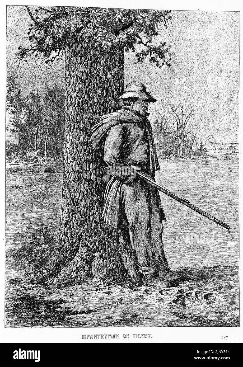 Infanterist auf einem Streikposten. Streikposten der Union Army im Regen. Illustration des amerikanischen Bürgerkriegs des 19.. Jahrhunderts von Edwin Forbes Stockfoto