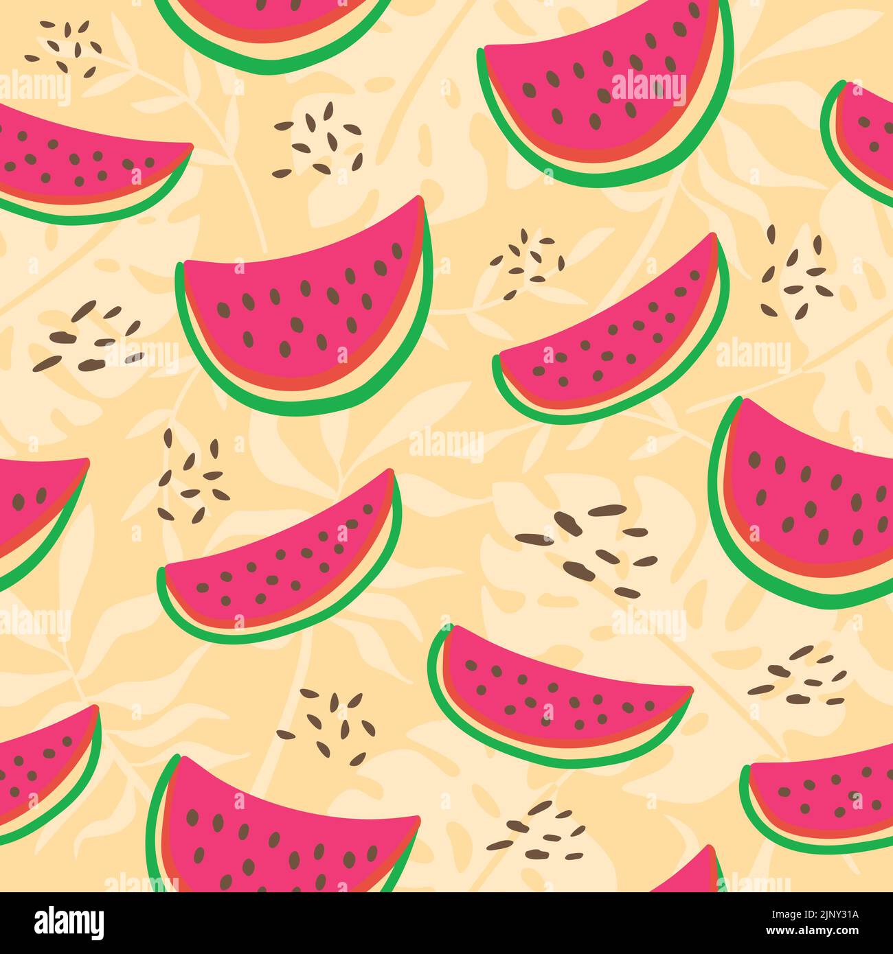 Wassermelone schneidet frisches Muster. Niedliche nahtlose Hintergrund. Vektorgrafik. Exotische farbenfrohe tropische Früchte. Stock Vektor