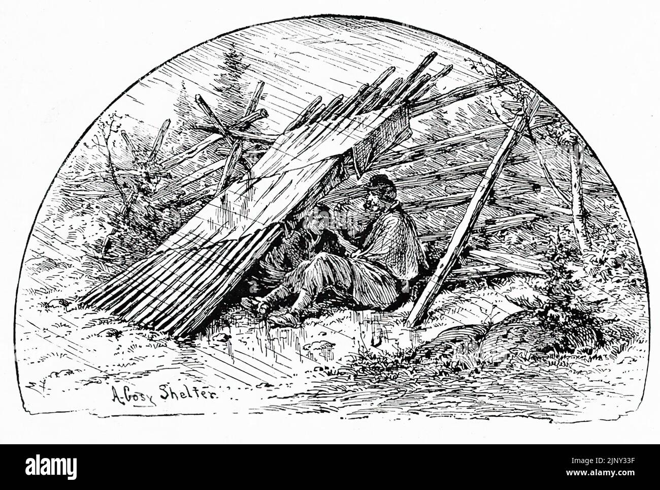 Eine gemütliche Unterkunft. Streikposten im Regen, Union Army. Illustration des amerikanischen Bürgerkriegs des 19.. Jahrhunderts von Edwin Forbes Stockfoto