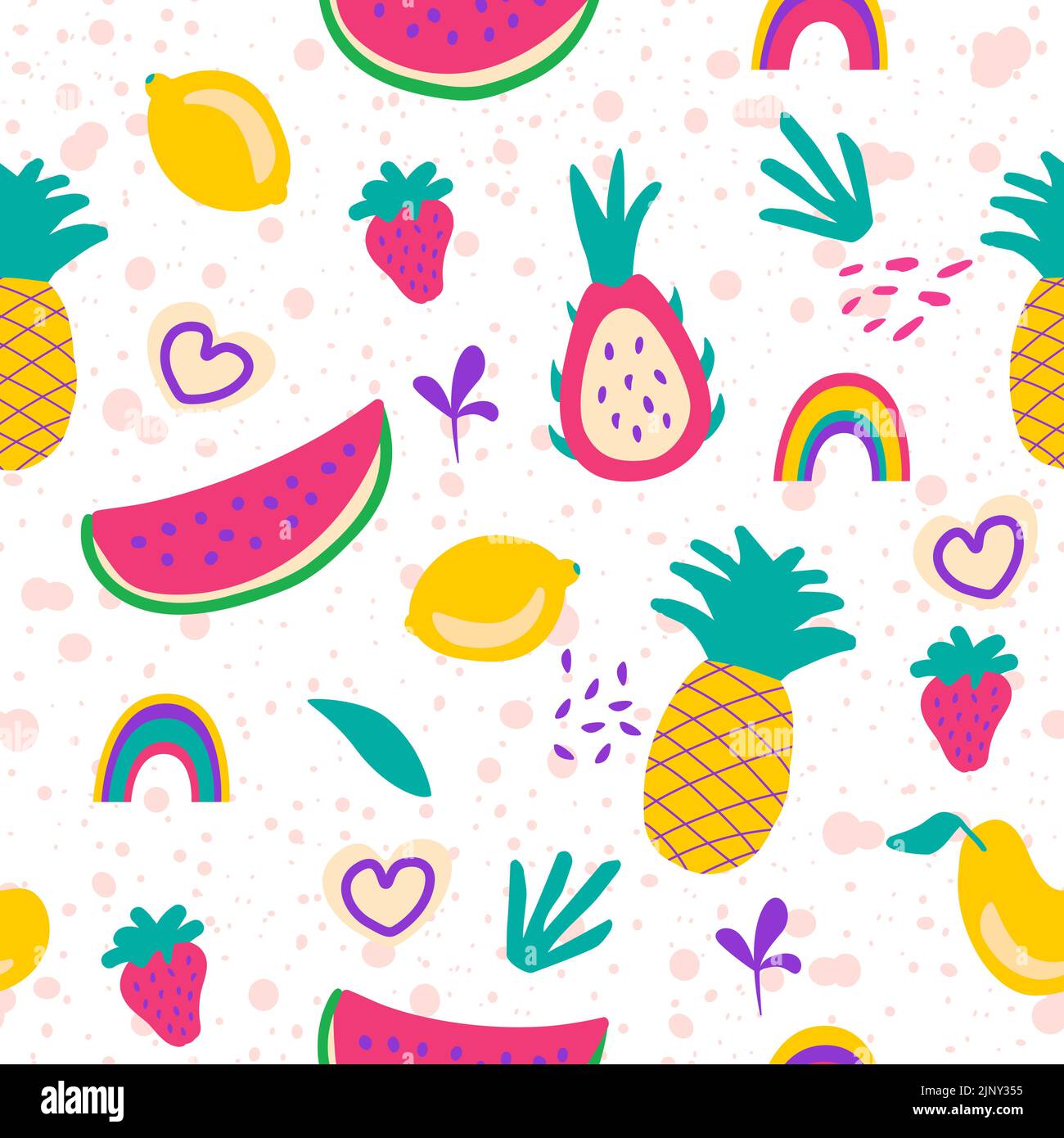 Nahtloses Muster mit Früchten und Pflanzen auf kreativem Hintergrund - Vektorgrafik. Zitrone, Wassermelone, Ananas, Erdbeere, Mango, drachenfrucht, pi Stock Vektor