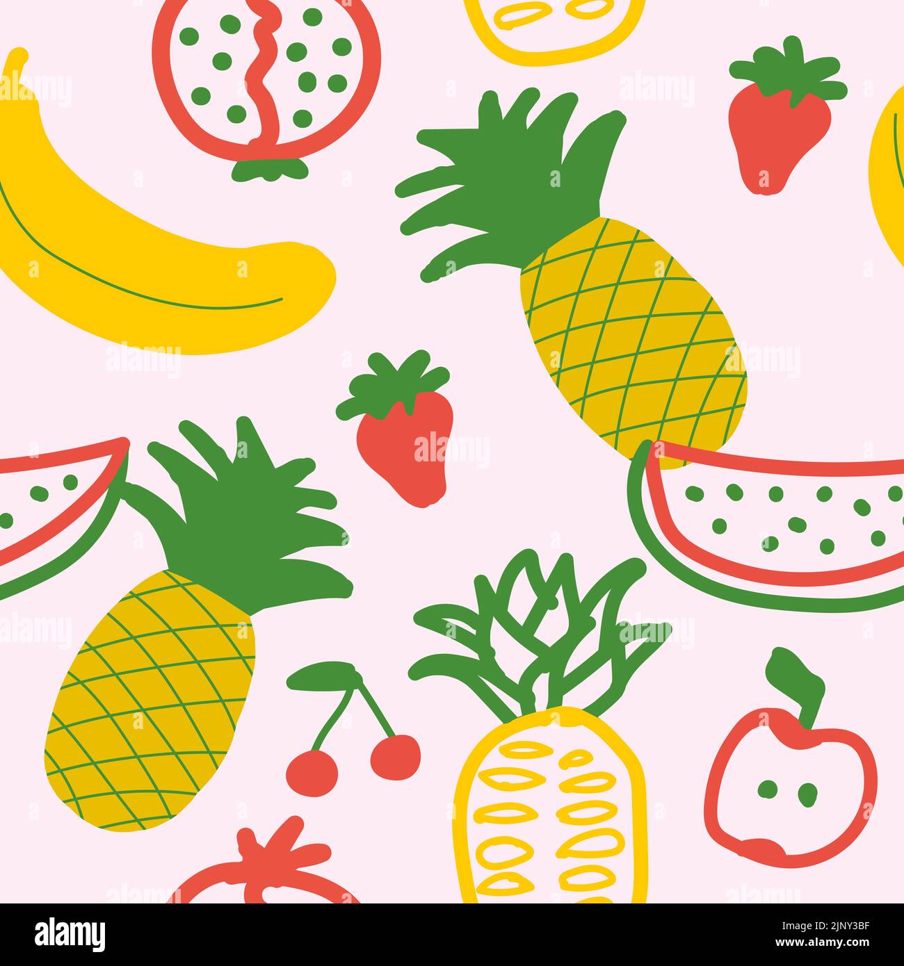 Handgezeichnete süße nahtlose Muster Früchte, Orange, Banane, Pomeganate, Kirsche, Erdbeere, Zitrone und Blatt auf orangefarbenem pastellfarbenem Hintergrund. Vektorgrafiken Stock Vektor