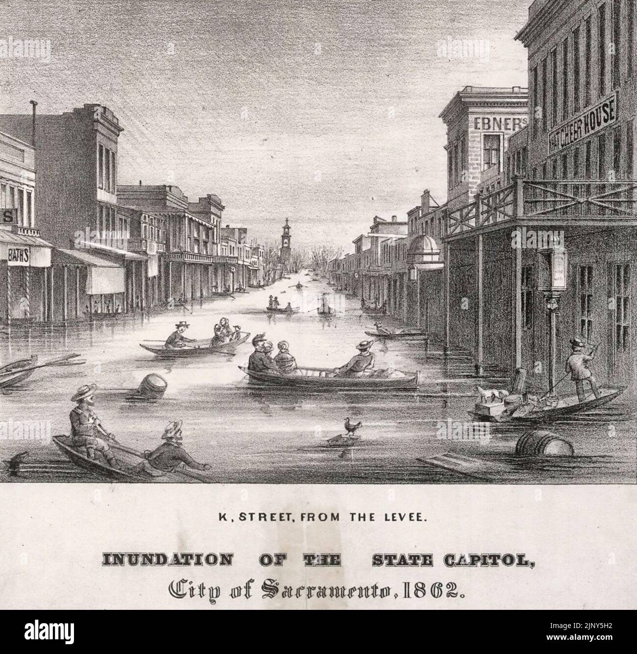 Lithographie der K Street in Sacramento, Kalifornien, während der großen Flut von 1862. Die Flut betraf die westlichen Vereinigten Staaten von Oregon über Kalifornien und Idaho bis New Mexico Stockfoto