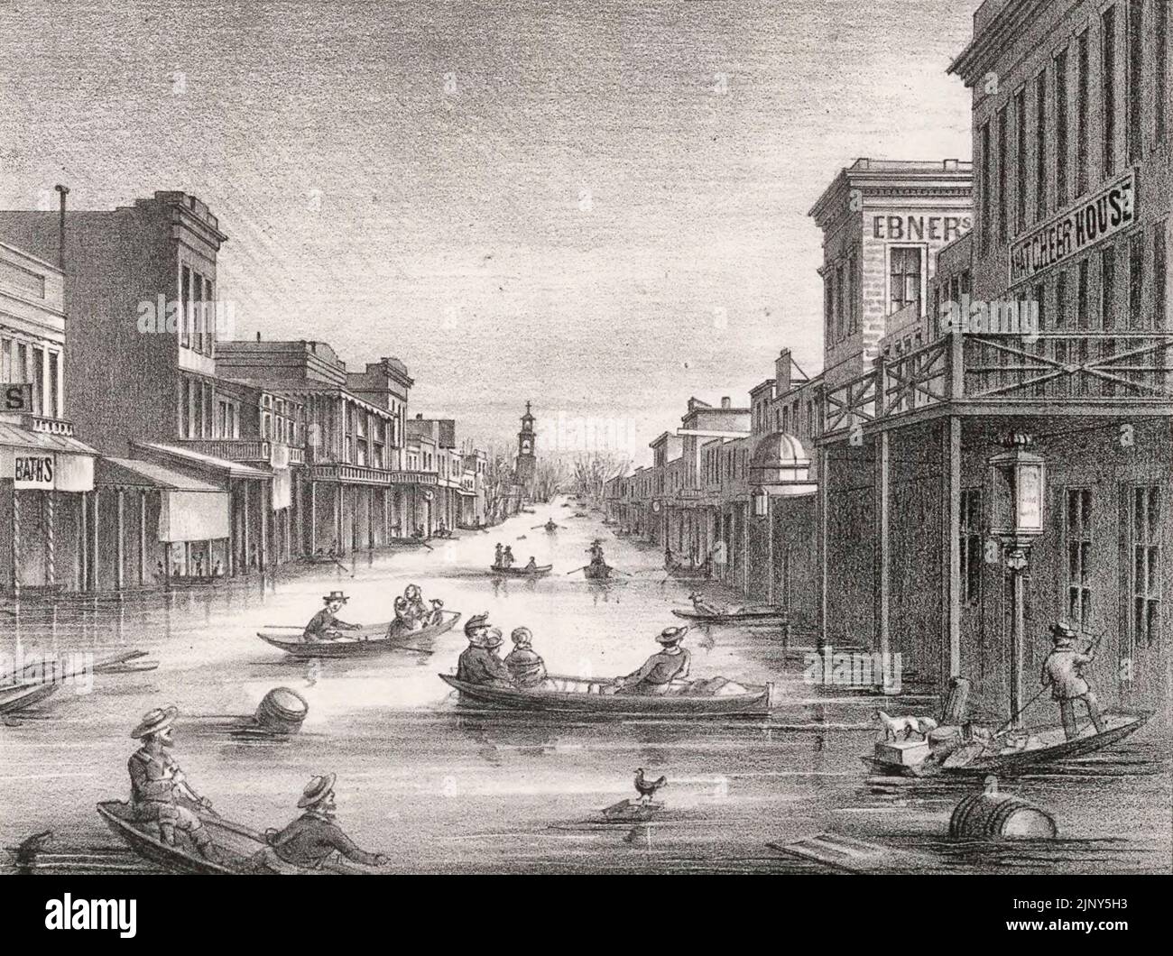 Lithographie der K Street in Sacramento, Kalifornien, während der großen Flut von 1862. Die Flut betraf die westlichen Vereinigten Staaten von Oregon über Kalifornien und Idaho bis New Mexico Stockfoto