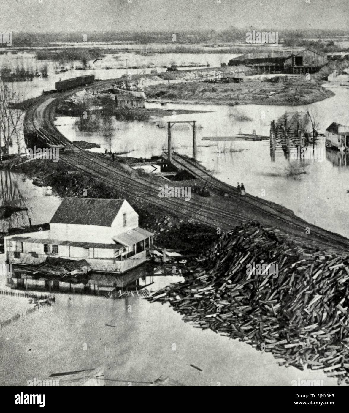 Sacramento City, Central Railroad arbeitet in China Slough während der großen Flut von 1862 Stockfoto