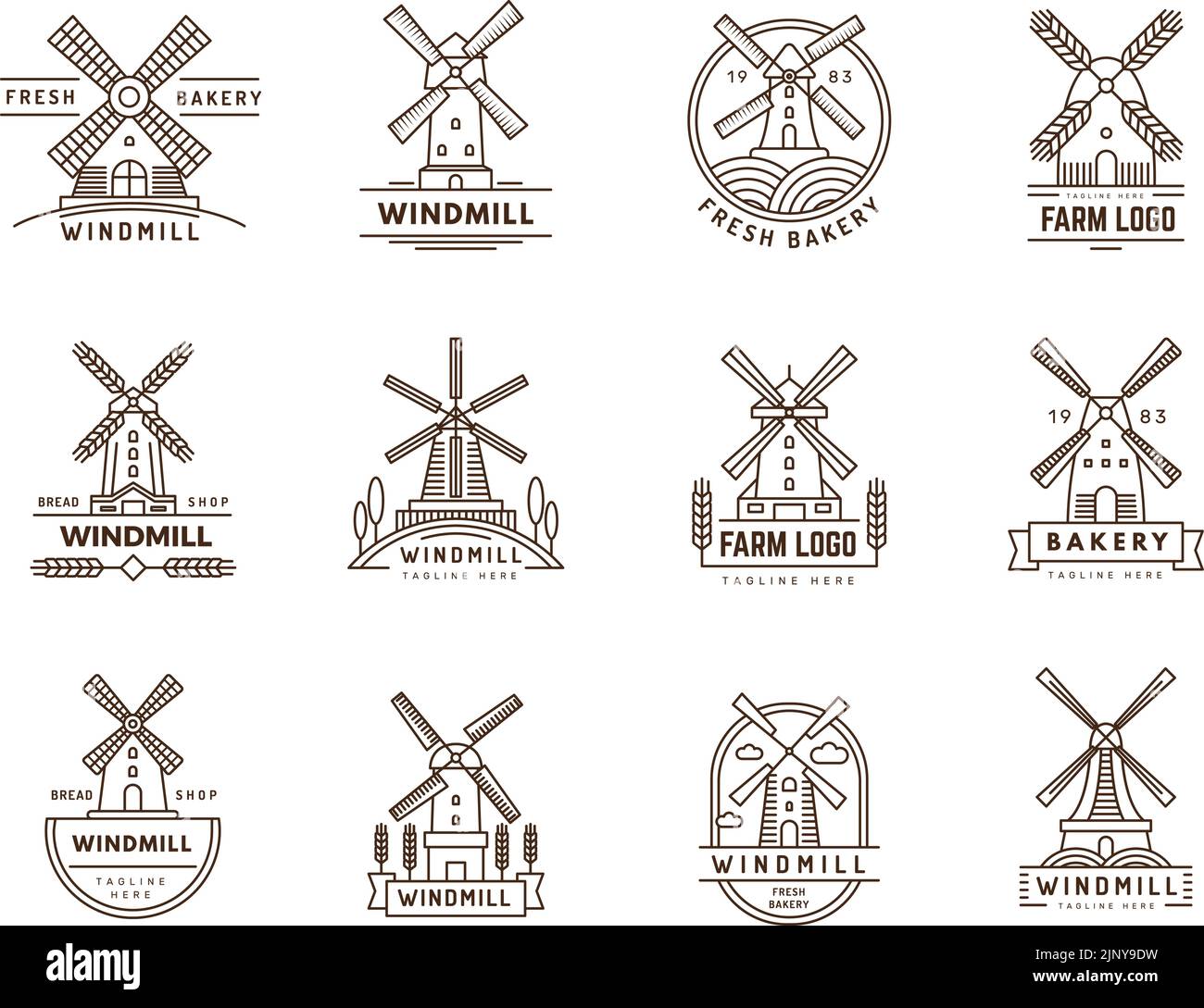 Abzeichen für Windmühlen. Natur-Logo-Vorlagen mit Windmühle Bilder Bauernhof ländlichen Symbole aktuellen Vektor-Illustrationen Stock Vektor