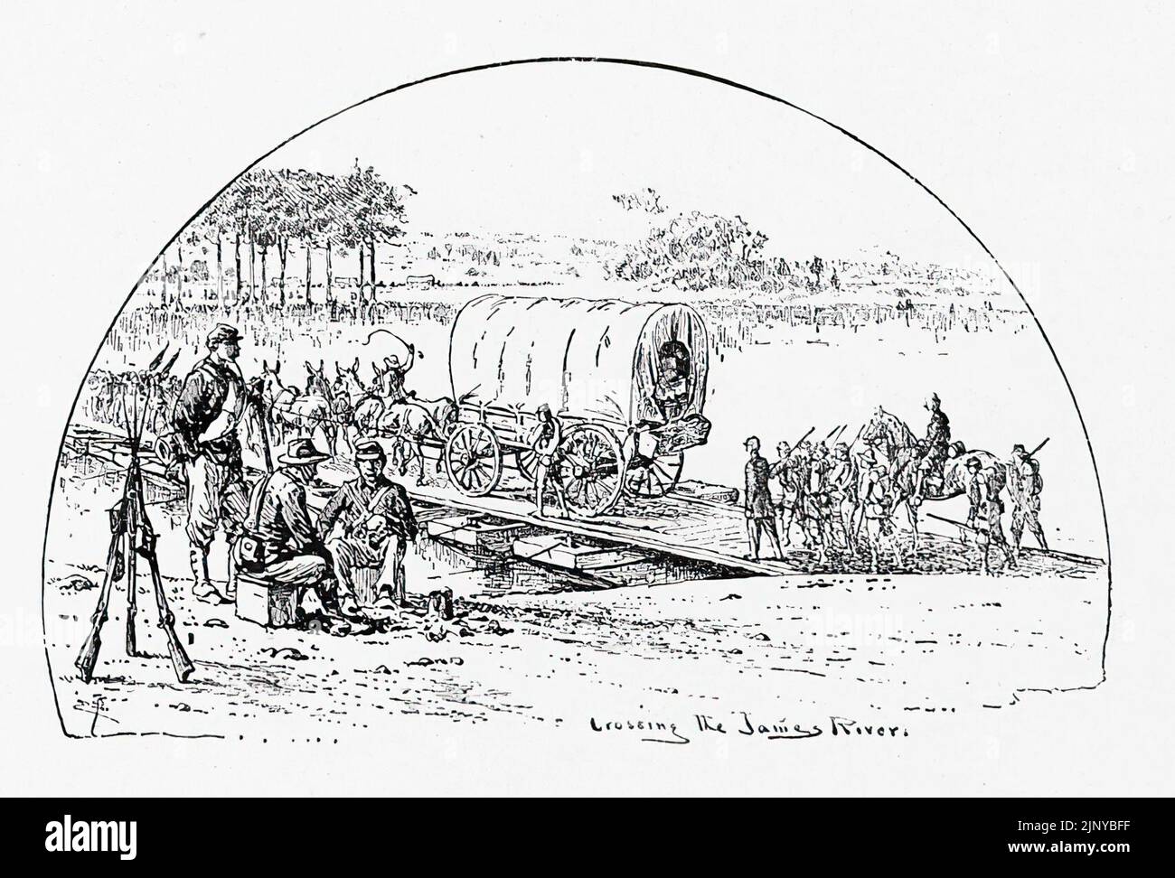 Überqueren des James River. Ponton-Brücke, Armee des Potomac. Illustration des amerikanischen Bürgerkriegs des 19.. Jahrhunderts von Edwin Forbes Stockfoto