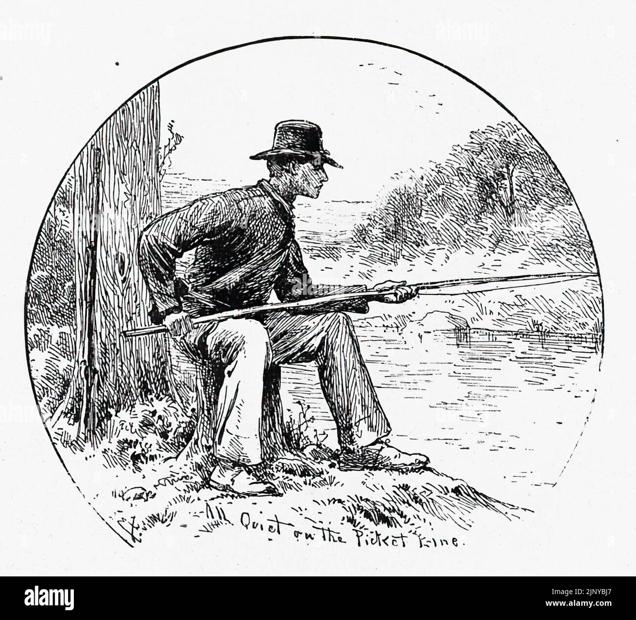 Alles ruhig an der Picket Line. Illustration des amerikanischen Bürgerkriegs des 19.. Jahrhunderts von Edwin Forbes Stockfoto