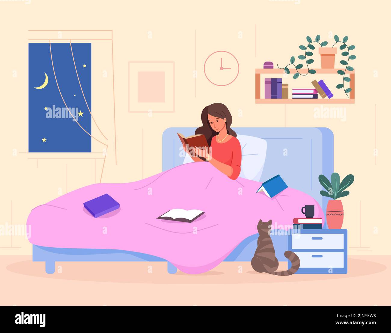 Frau liest auf dem Bett. Schönes Mädchen entspannen und Buch vor dem Schlafen im Schlafzimmer zu Hause, Nacht Schlafenszeit Studie oder Ruhe gemütliche Bettdecke mit Katze Bett, Vektor-Illustration der Frau Schlafzimmer lesen Stock Vektor