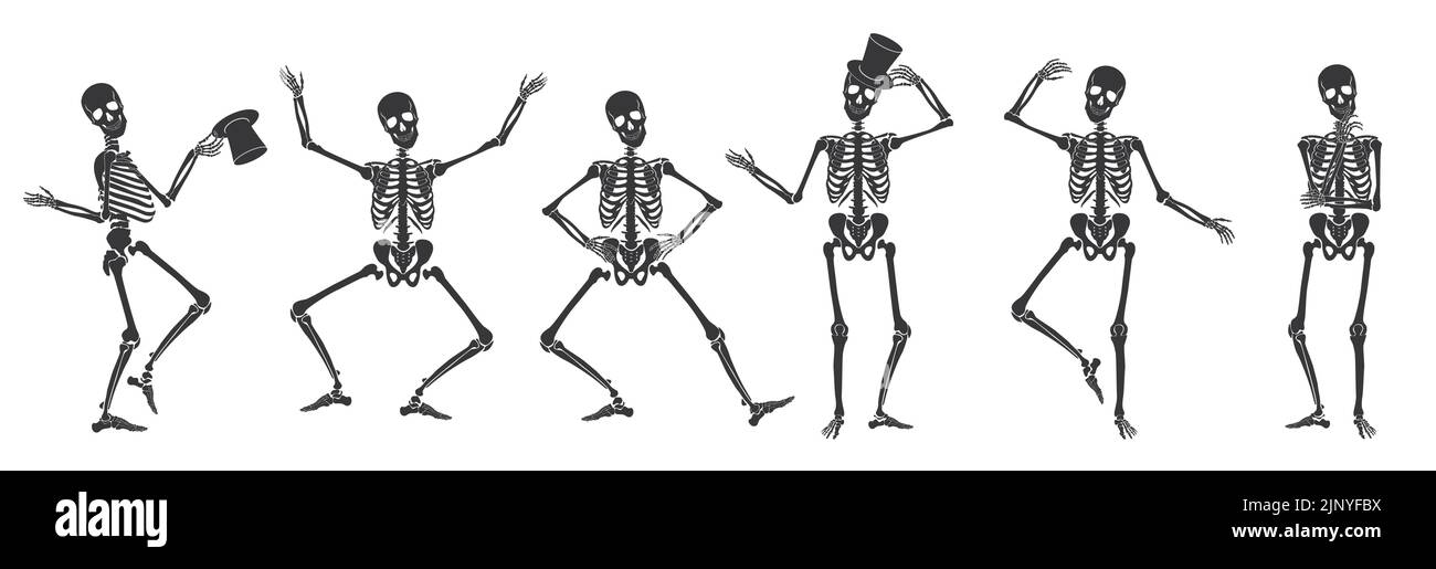Tanzende menschliche Knochen Skelette. Verschiedene Skelett Posen setzen isolierte Vektor-Illustration Stock Vektor