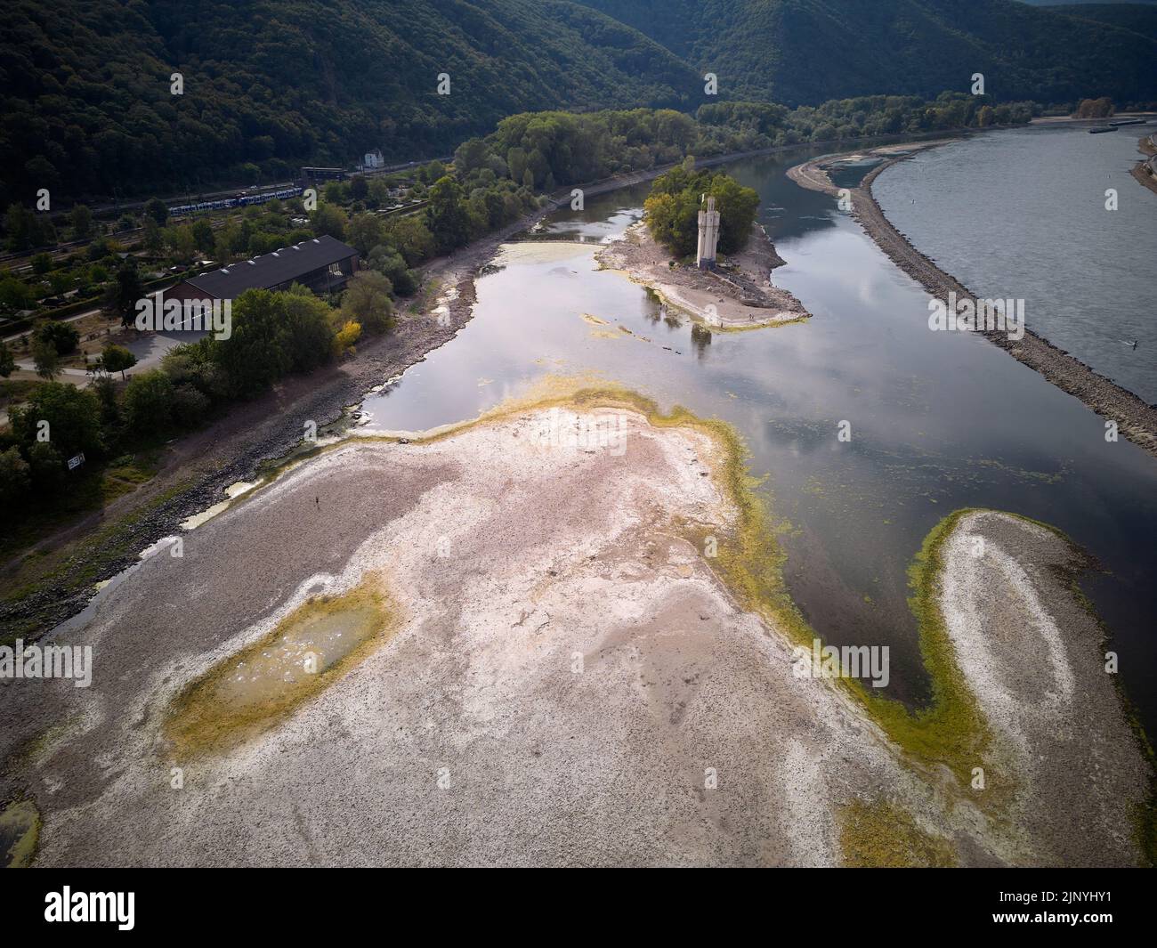 Bingen, Deutschland. 14. August 2022. Die Insel im Rhein, die auch die Heimat des Bingen Mäuseturms ist, ist derzeit aufgrund des niedrigen Wassers zu Fuß erreichbar (Luftaufnahme mit einer Drohne). Die Waterways and Shipping Administration weist jedoch darauf hin, dass es sich um ihre Räumlichkeiten handelt und der Zugang verboten ist. Quelle: Thomas Frey/dpa/Alamy Live News Stockfoto