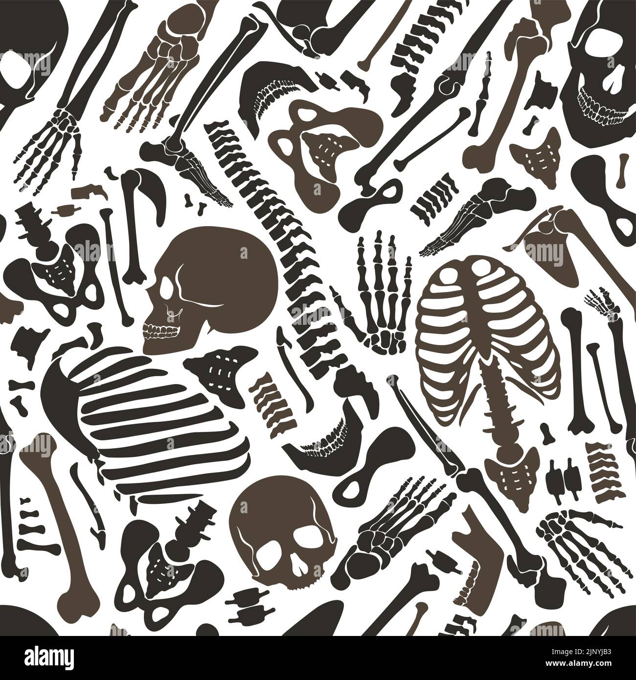 Schädel und andere verschiedene einzelne menschliche Teile Knochen. Menschliche Skelett nahtlose Muster Vektor Illustration. Stock Vektor