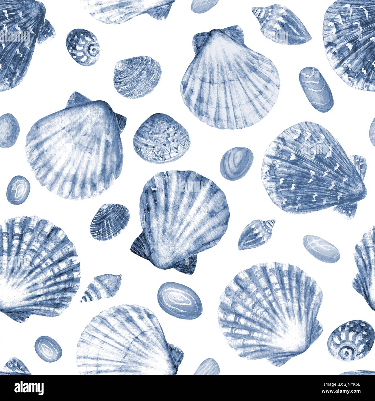 Aquarell Muschel, Stein nahtloses Muster. Handgezeichnete Muscheln und Kieselsteine Textur Vintage Ozean Hintergrund. Aquarell Marine Illustration. Prin Stockfoto