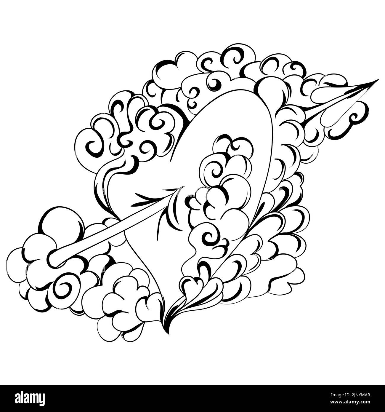 Herz mit Pfeil in den Wolken. Abstrakte schwarze Illustration zum Valentinstag, für die Gestaltung einer romantischen Stimmung oder eines Tattoo. Stock Vektor