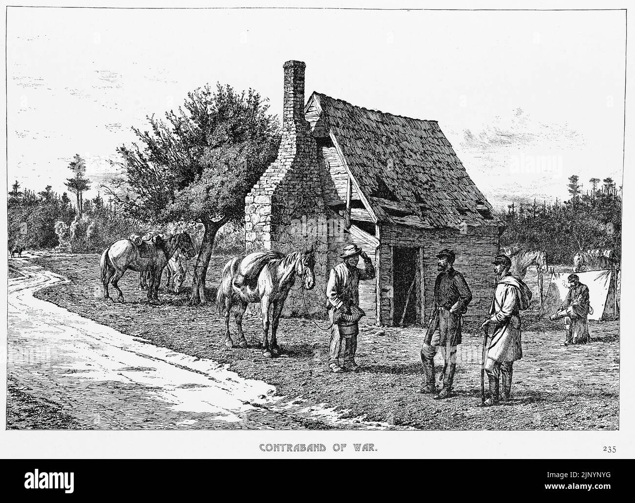 Schmuggelware des Krieges. Schwarzer Flüchtling, der das Lager der Unionsarmee betreten hat. Illustration des amerikanischen Bürgerkriegs des 19.. Jahrhunderts von Edwin Forbes Stockfoto