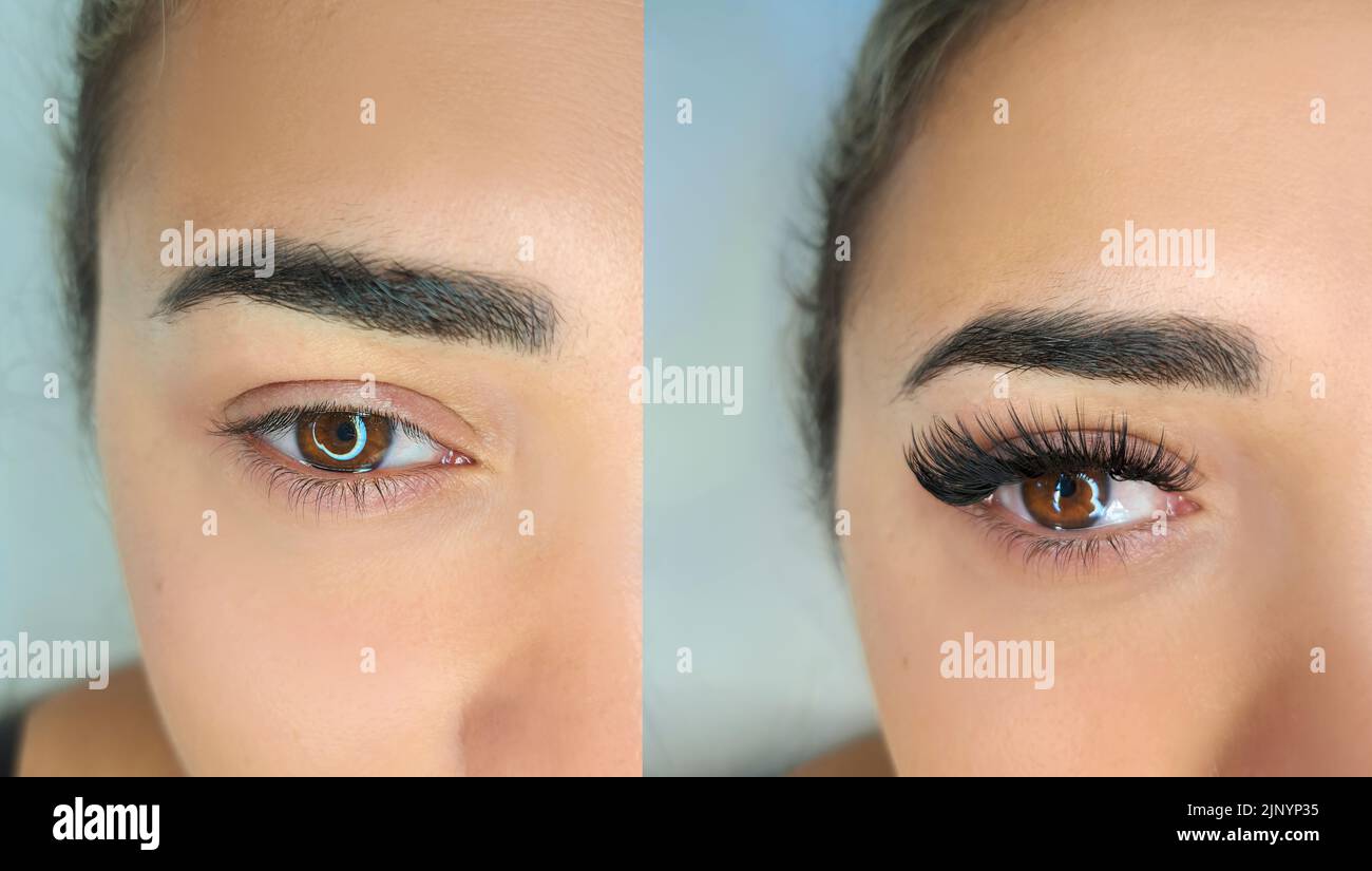 Nahaufnahme der Wimpern-Erweiterungen Mega Volumen kim k wet-Effekt . Hochwertige Fotos Stockfoto