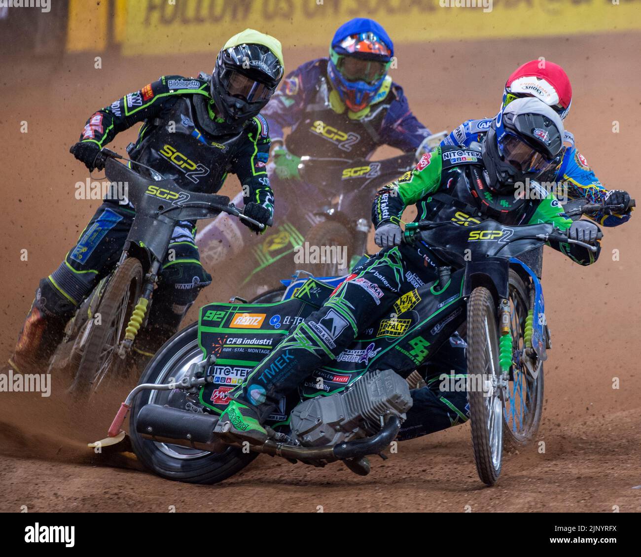 Benjamin Basso aus Dänemark (weiß), Gustav Grahn aus Schweden (gelb), Petr Chlupac aus Tschechien (rot) und Jason Edwards aus Großbritannien (blau) in Heat 5 während des FIM Speedway Grand Prix 2 von Großbritannien 2022 im Fürstentum Stadium in Cardiff, Wales, Großbritannien am 14. August 2022 (Foto von Andrew SURMA/ Quelle: SIPA USA/Alamy Live News Stockfoto