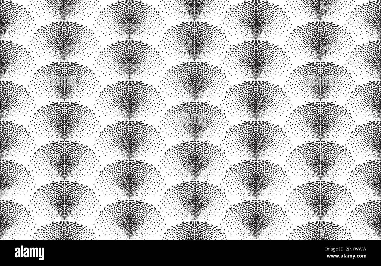 Abstraktes, geometrisches, gepunktetes, nahtloses Muster mit Wirbeldesign. Künstlerische Polka Punkt ornamental stilvollen Hintergrund. Abstrakte Kachel Wirbel Bewegung Punkte monochrome tex Stock Vektor