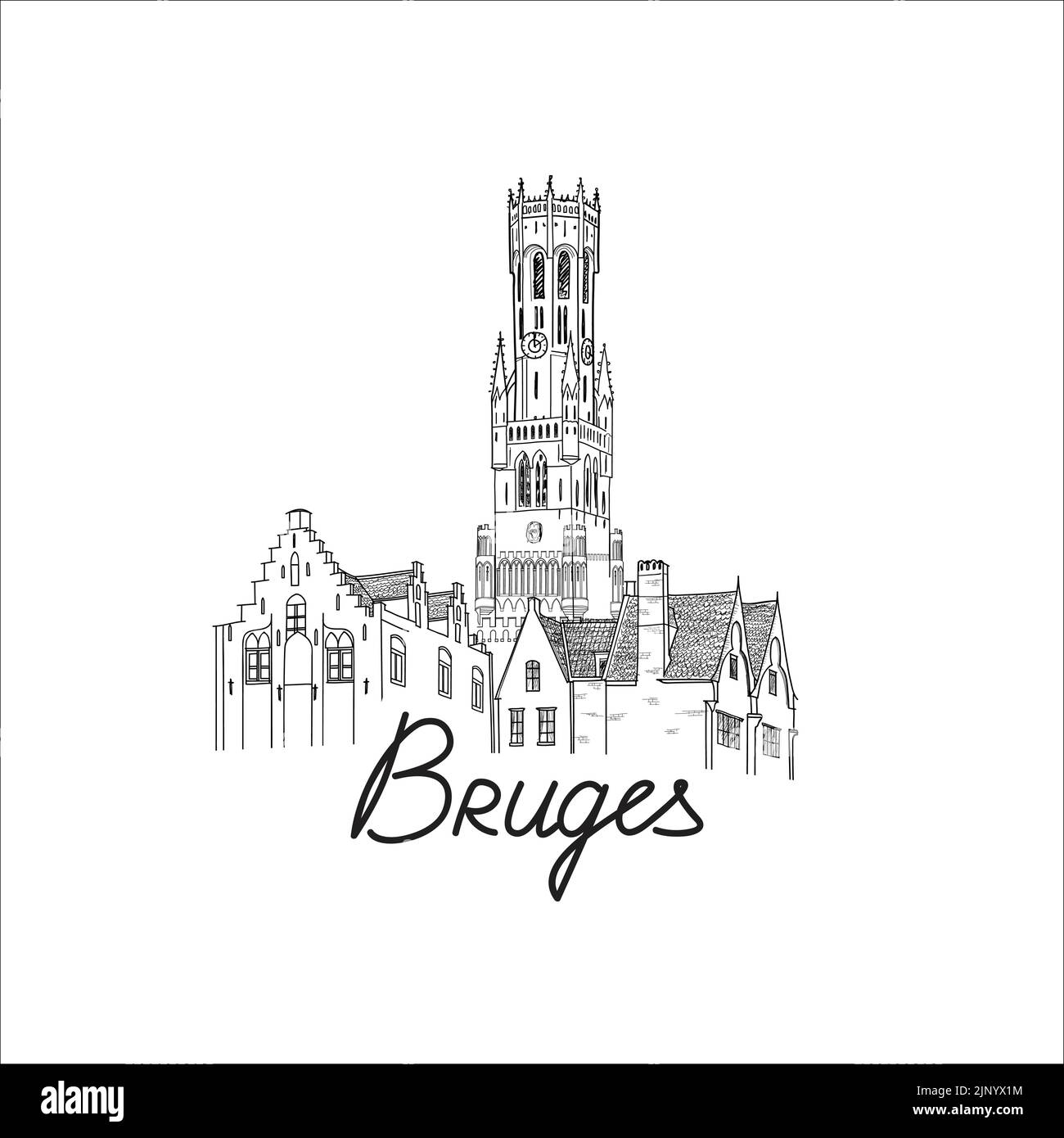 Skyline von Brügge, Belgien. Der wunderschöne Brügge City Tower ist ein Wahrzeichen der Stadt. Stadtbild der Straße. Welttourismusplakat. Vektordarstellung von Stock Vektor