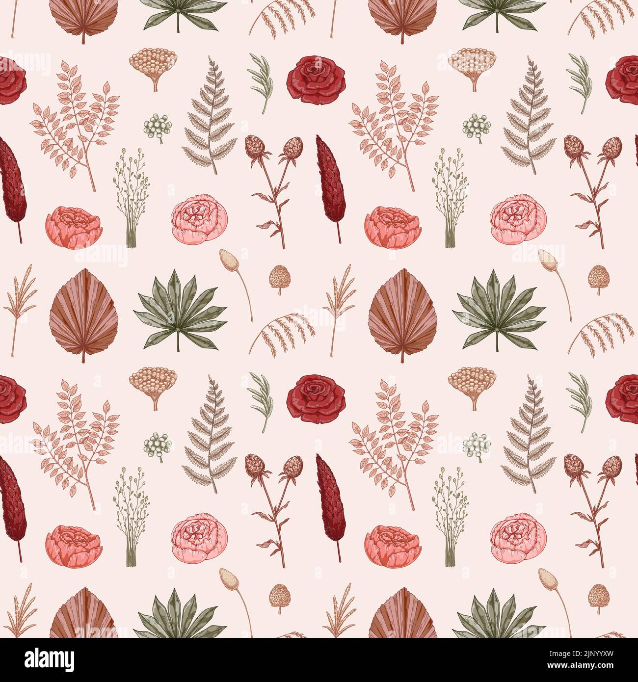 Vintage Nahtloses Muster mit Rosen. Boho Tapete Design. Handgezeichnete Vektorgrafik Stock Vektor