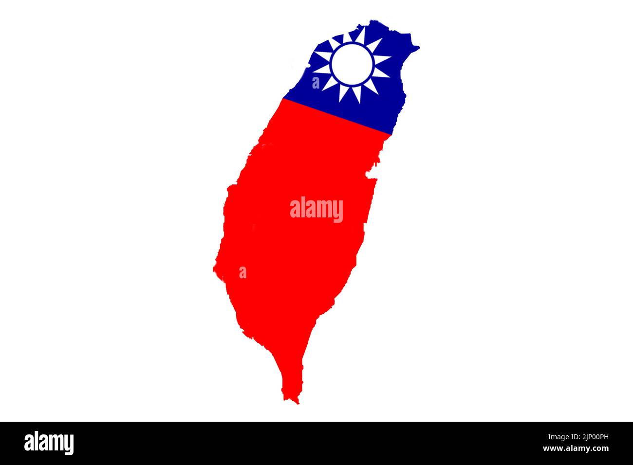 Defokussieren Sie die Flagge Taiwans, die offiziellen Farben und das richtige Verhältnis. Flagge Taiwans. Taiwan-Karte. Demokratie. Weißer Hintergrund. Krieg zwischen China und Ta Stockfoto