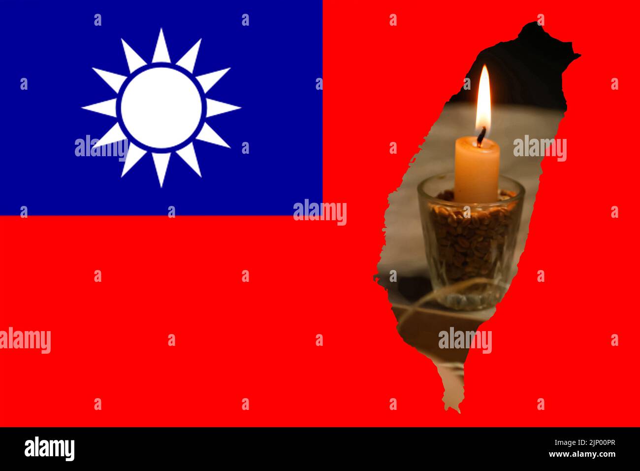 Defokussieren Sie die Flagge Taiwans, die offiziellen Farben und das richtige Verhältnis. Flagge Taiwans. Taiwan-Karte. Demokratie. Krieg und Flamme. Speicherkonzept. Krieg zwischen Stockfoto